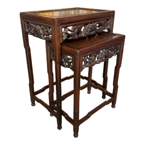 Asian Cherrywood Carved Nesting Tables a Pair