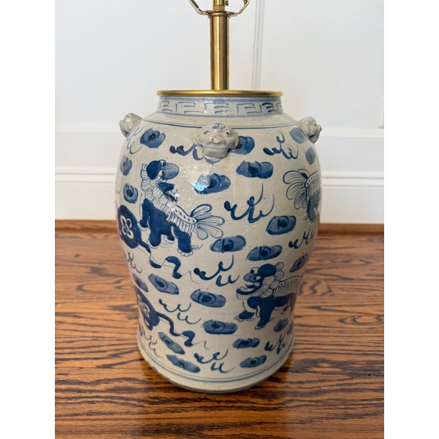 Metal Chinoiserie Hand Painted Ceramic Ginger Jar Lamp With Blue Dragons For Sale - Image 7 of 8