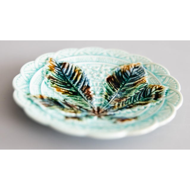 Art Nouveau 19th Century Swedish Rörstrand Majolica Turquoise Chestnut Leaf Plate For Sale - Image 3 of 7