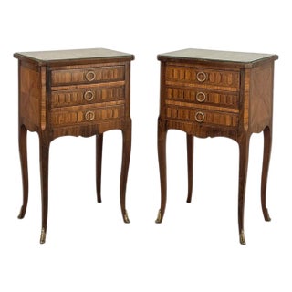 Pair of French Marble Top Marquetry Side Tables ~ Nightstands For Sale