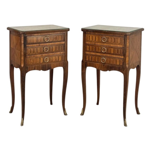 Pair of French Marble Top Marquetry Side Tables ~ Nightstands For Sale