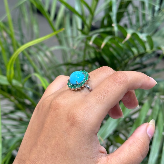 Asian Antique 6.13ct Cabochon Turquoise & Emerald Halo Cocktail Ring in 14k White Gold Size 5 For Sale - Image 3 of 18