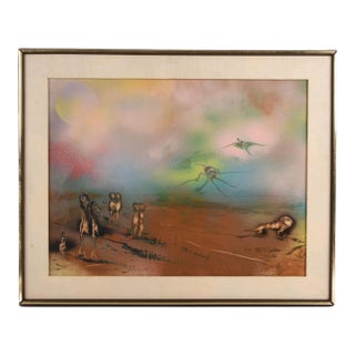 Signed J. Akston "Placental Beings Swept Over Deserted Lands, 1975" Enamel For Sale