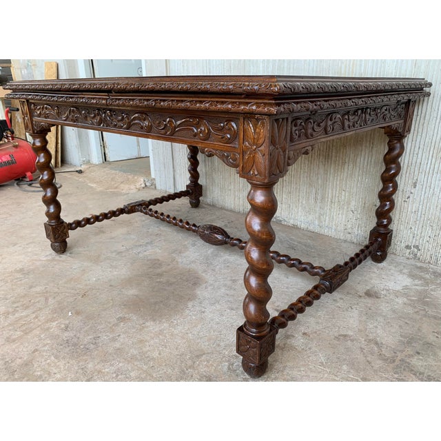 Brown 19th Spanish Baroque Walnut Solomonic Legs Extendable Table With Carved Frame For Sale - Image 8 of 13