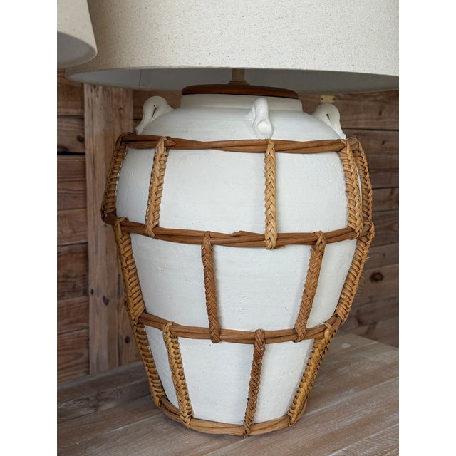 Monumental Boho Coastal Regency Plaster Lamps With Hand-Wrapped Rattan Cage & Linen Shades For Sale - Image 4 of 11