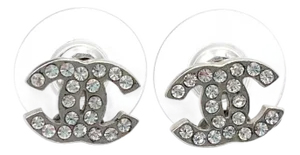 Chanel Classic Silver CC Crystal Small Piercing Earrings, A Pair