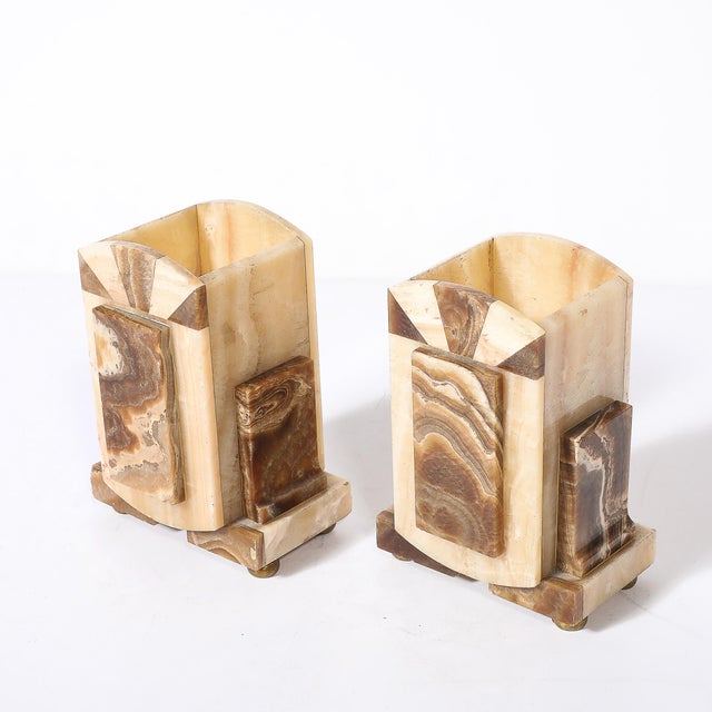 Gemstone Pair of Art Deco Bookends in Tessellated Cream & Ice Sugar Onyx For Sale - Image 7 of 8