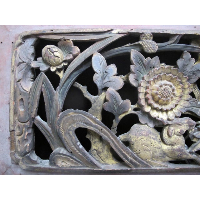 Chinese Carved Pierced Gilt Wood Goat Animal Flower & Bird Art Wall Panel For Sale In Portland, OR - Image 6 of 7