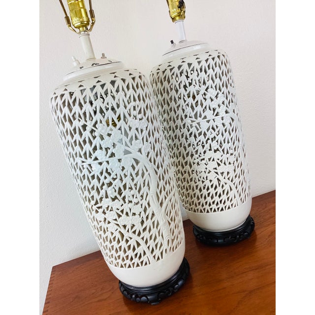 White Vintage 1960s Blanc De Chine Pierced Porcelain Cherry Blossom Pair of Table Lamps For Sale - Image 8 of 8