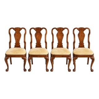 Set of 4 Vintage Queen Anne Style Burl Wood Dining Chairs For Sale