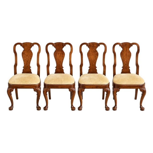 Set of 4 Vintage Queen Anne Style Burl Wood Dining Chairs For Sale