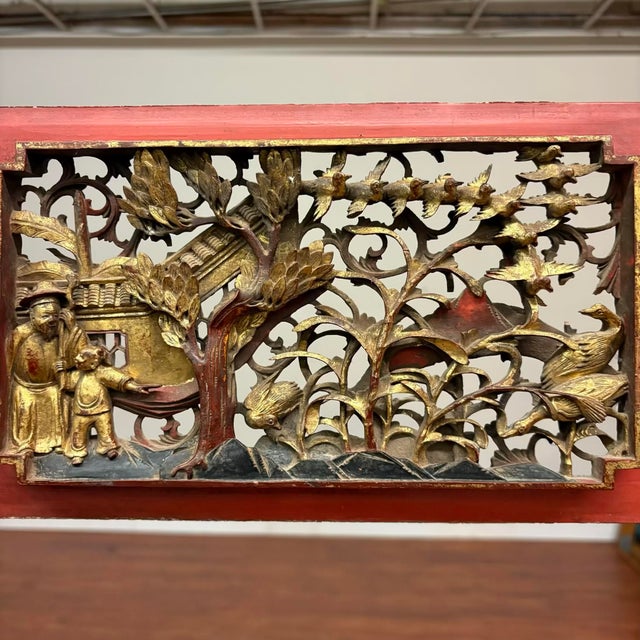 Chinese Antique Chinese Gilt Temple Panel With Red Lacquer Frame For Sale - Image 3 of 16