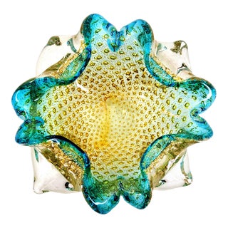 Vintage Murano Glass Bowl Turquoise Caribbean Blue With Gold & Silver Flecks - Coastal Italian Mid Century Modern For Sale