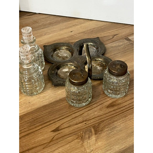 Vintage 4-Piece Glass and Metal Condiment Cruet Set - 5 pcs For Sale - Image 4 of 9