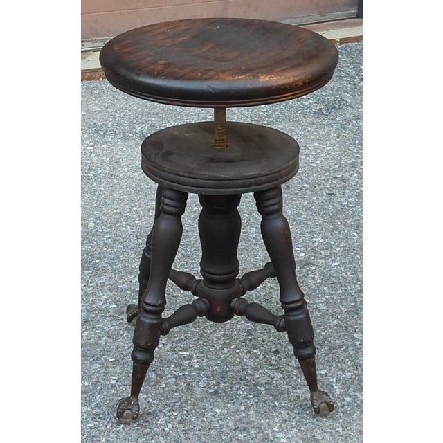 19th Century Oak Revolving Piano Stools With Glass Ball Claw Feet For Sale - Image 4 of 12