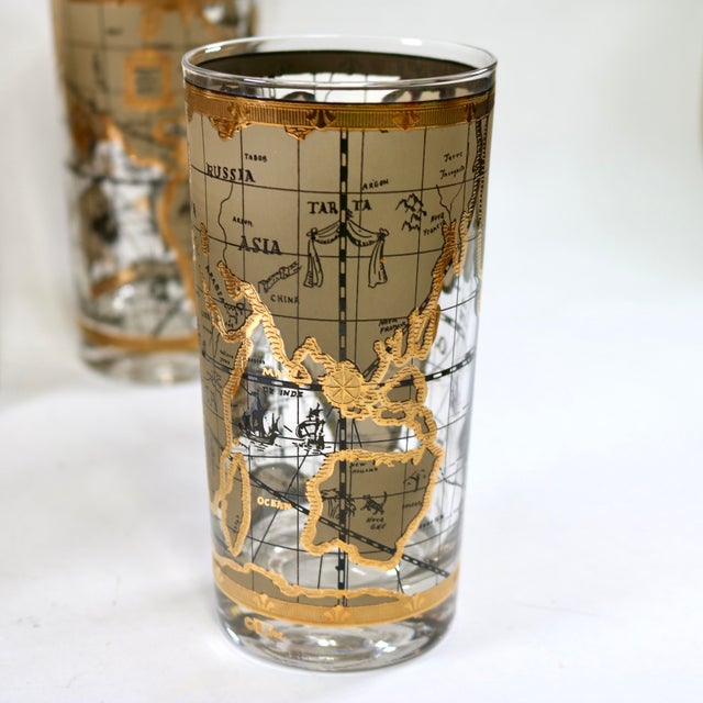 Vintage Cera Glass Black and Gold Old World Map Pattern Highball Glasses - Set of 7 For Sale - Image 4 of 11