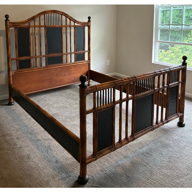 Exceptional Milling Road by Baker king bed frame featuring an elegant bamboo-form design with rich warm wood tones and...