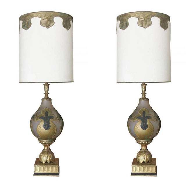 Hand Painted Impasto Frosted Glass Mid-Century Table Lamp With Shade - a Pair For Sale - Image 9 of 10