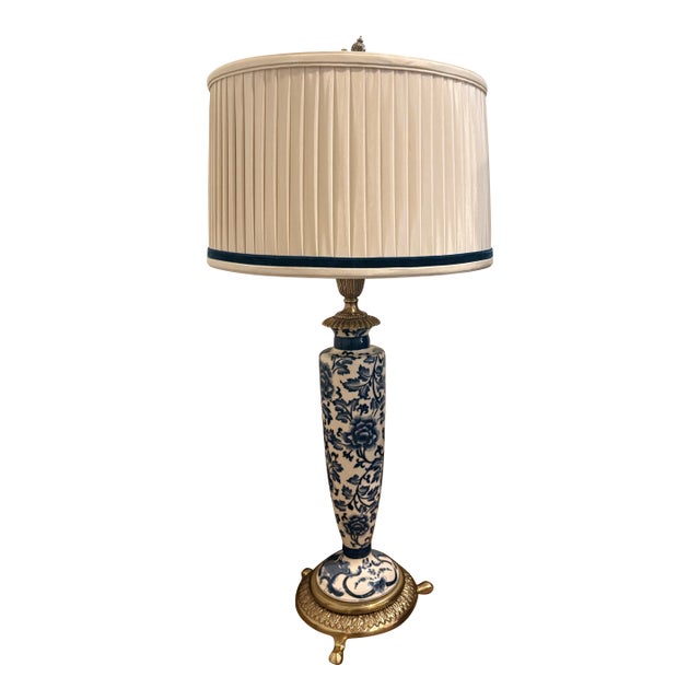 Vintage Blue/ Ivory Frederick Cooper Table Lamp Brass Lion Finial Pleated Silk Shade W Blue Silk Velvet Trim For Sale