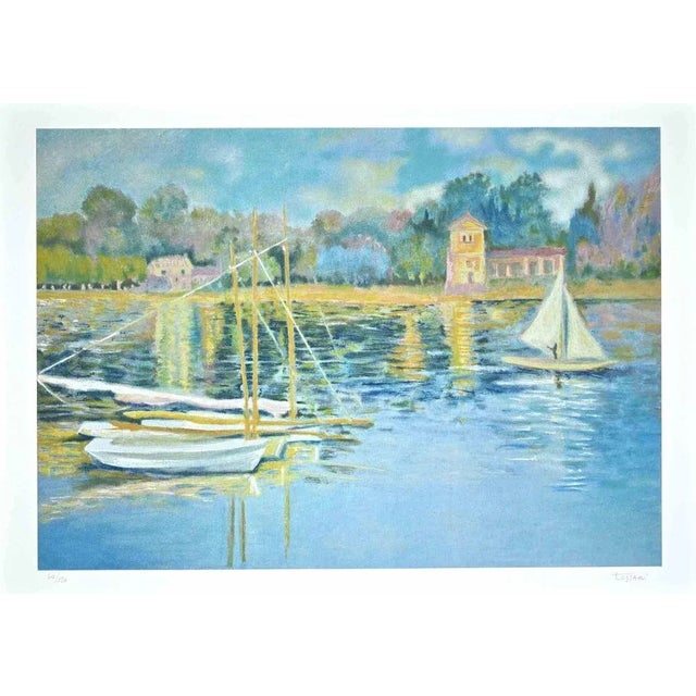 Reflections on the river is an original colored lithography print on white paper realized by Claudio Tessari. Hand-signed...