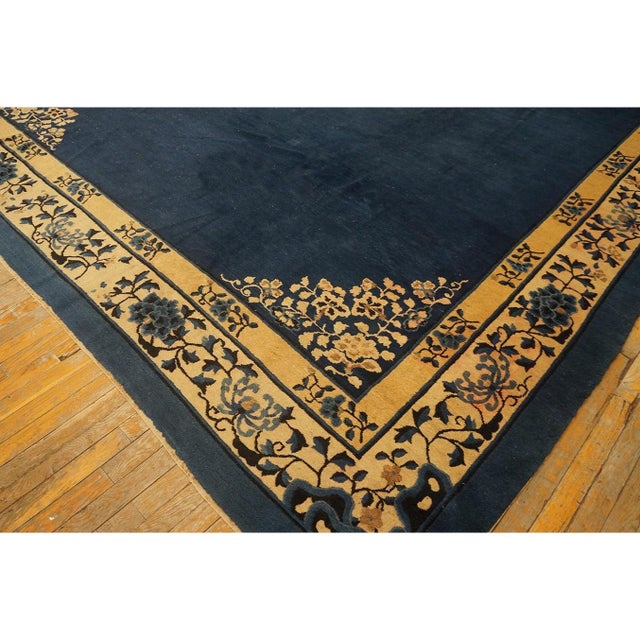 Textile 1920s Navy Solid Medallion Antique Chinese Peking Rug Knotted Wool 10' X 12' 7" For Sale - Image 7 of 9