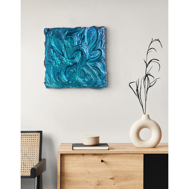 Abstract Contemporary Abstract Mixed Media on Wood "Saturn Blue" by Nikolaos Schizas For Sale - Image 3 of 6