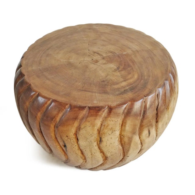 Natural monkey pod wood round stool / side table with beautiful hand carved swirl design. Solid and heavy. Modern unique...