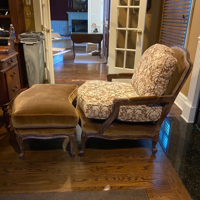 Stoneleigh Ltd. Traditional Mohair and Fabric French Upholstered Custom Lounge Chair With Matching Ottoman For Sale - Image 4 of 8