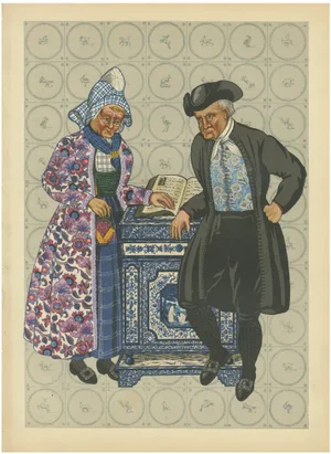 Gratiane de Gardilanne and Elizabeth Whitney Moffatt, Mourning Dress in Hindeloopen with Delft Stove, 1932, Lithograph