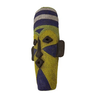 Handcrafted African Glass Beaded Carved Wood Mask For Sale