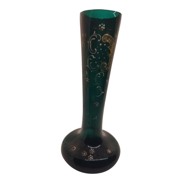 Vintage Emerald Green Flower Bud Vase Hand Painted Gilded Floral Design For Sale