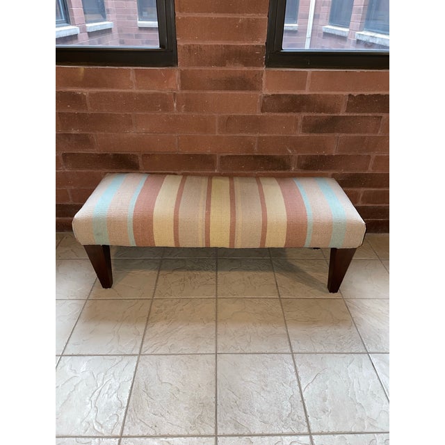 Mid-Century Modern Vintage 1960s Ralph Lauren Inspired Wool Kilim Style Three Seat Upholstered Bench For Sale - Image 3 of 10