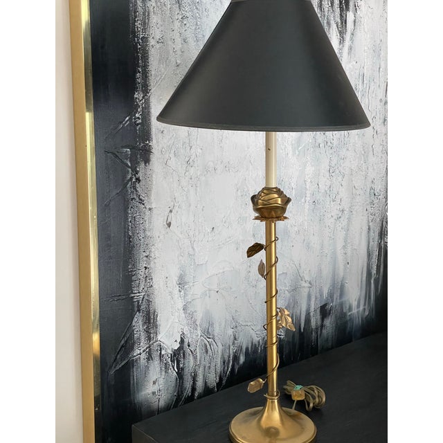 Vintage Brass Rose Table Lamp Twisted Vine Black Tole Shade Hollywood Regency For Sale - Image 4 of 12