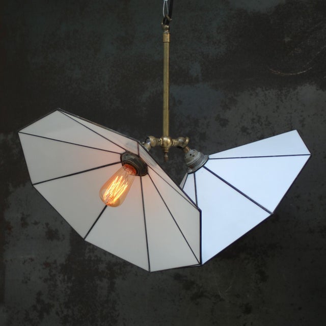 Art Deco Brass and White Stained Opaline Glass Pendant Lamp For Sale - Image 3 of 10