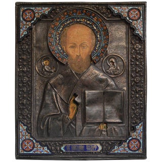 19th Century Russian Enameled Sterling Silver Icon For Sale