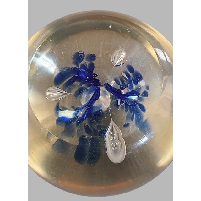 Mid-Century Modern Vintage Controlled Bubble Paperweight Blue and Clear Art Glass Marked W.P.A For Sale - Image 3 of 3