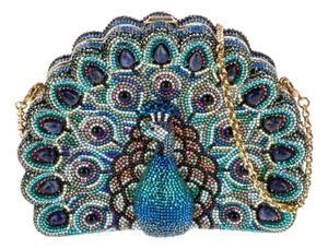 2004 Judith Leiber Peacock Bird Crystal Blue Green Evening Bag Clutch Minaudiere Gemstone
