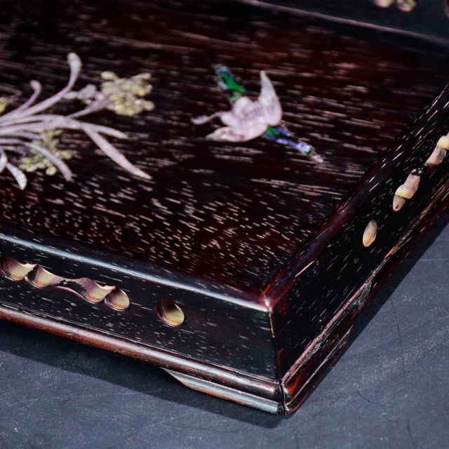 Vintage Zitan Wood Tray With Mother-of-Pearl Bird & Floral Inlay For Sale In Los Angeles - Image 6 of 9