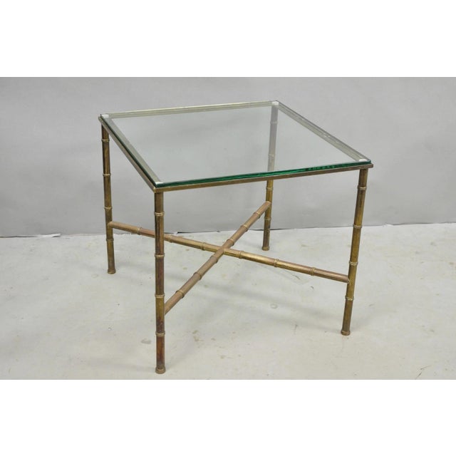 Vintage Hollywood Regency Brass Faux Bamboo Square Glass Top Low Side Table For Sale - Image 4 of 15