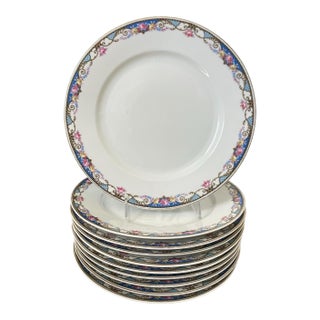Vintage Epaig Dinner Plates. Gold Band Blue Garland, Pink Roses. Czech. Set of 10 For Sale