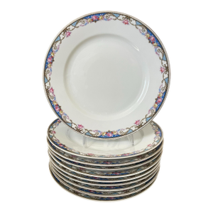 Vintage Epaig Dinner Plates. Gold Band Blue Garland, Pink Roses. Czech. Set of 10