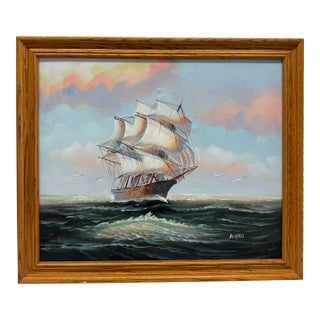 1980s Oil Painting on Canvas of a Vessel in the Sea Beautiful Ship, Signed Angell For Sale