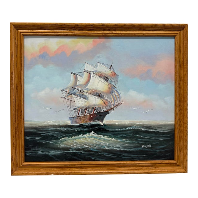 1980s Oil Painting on Canvas of a Vessel in the Sea Beautiful Ship, Signed Angell For Sale