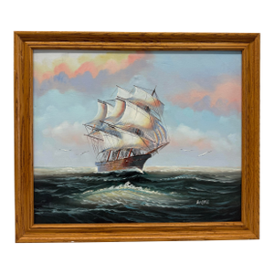 1980s Oil Painting on Canvas of a Vessel in the Sea Beautiful Ship, Signed Angell