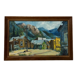 Vintage Framed Mountain Town Landscape Painting, Rustic Village Scene With Alpine Peaks For Sale