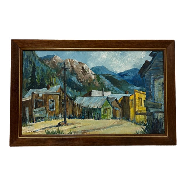 Vintage Framed Mountain Town Landscape Painting, Rustic Village Scene With Alpine Peaks For Sale