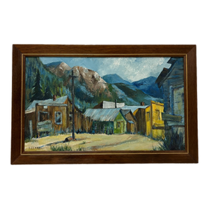 Vintage Framed Mountain Town Landscape Painting, Rustic Village Scene With Alpine Peaks