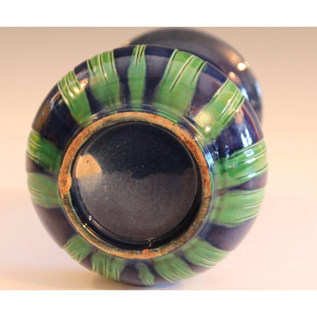 Antique Awaji Pottery Blue Ground Incised Iris Japanese Trumpet Form Vase For Sale In New York - Image 6 of 9