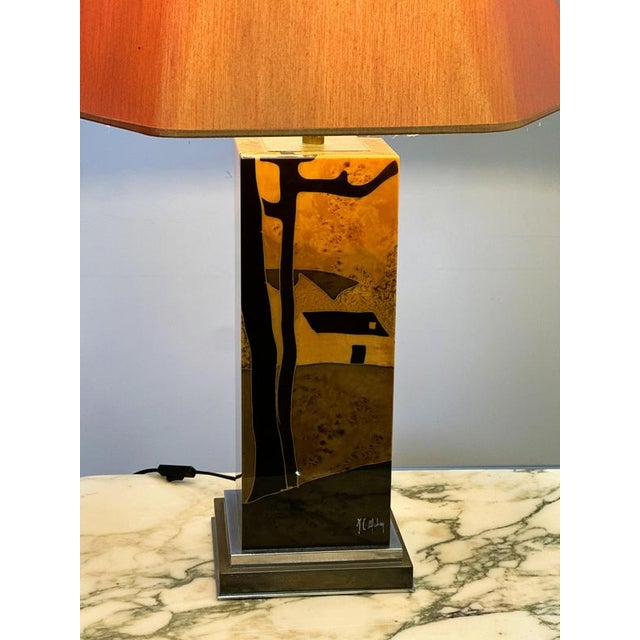 Total height 86 cm; Base height 45 cm; Shade diameter 55 cm; Shade height 36 cm. A rare and highly decorative 1970s table...