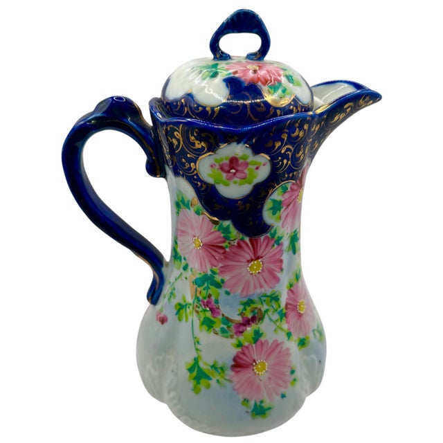 Ceramic Vintage Nippon Style Cobalt Blue and Pink Chocolate Pot For Sale - Image 7 of 12